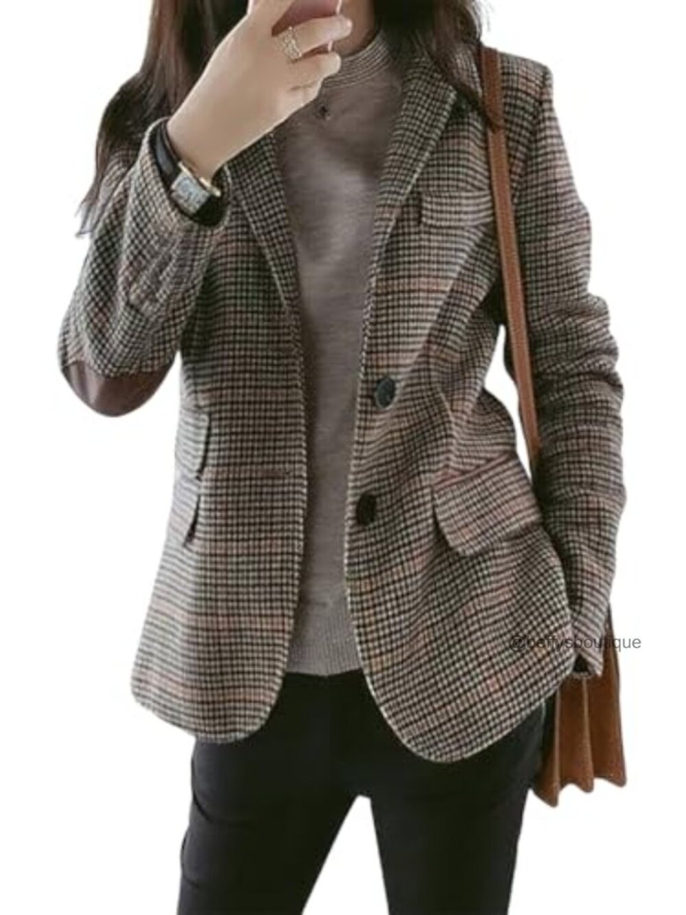 Notched Lapel Houndstooth Plaid Boyfriend Blazer Patched Elbow